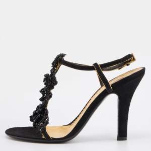 Prada Black Suede and Beaded Ankle Strap Sandals Size 37