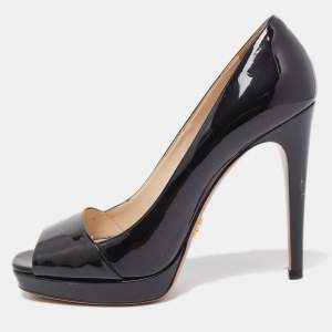 Prada Black Patent Leather Open Toe Platform Pumps Size 39