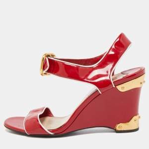 Prada Red Patent Leather Ankle Strap Wedge Sandals Size 38