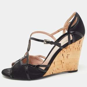 Prada Black Satin and Patent Leather Ankle Strap Cork Wedge Sandals Size 38.5