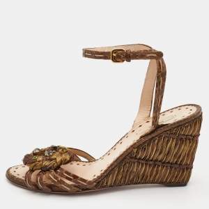 Prada Brown Raffia and Watersnake Leaather Ankle Strap Wedge Sandals Size 40.5