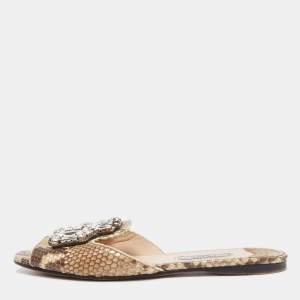 Pre Owned Prada Brown/Beige Python Crystal Embellished Flat Slides Size 37