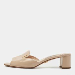 Prada Beige Saffiano Vernice Leather Slide Sandals Size 37.5