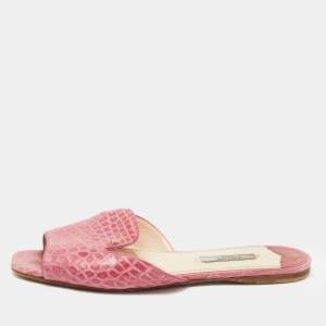 Prada Pink Croc Embossed Leather Flat Slides Size 37.5