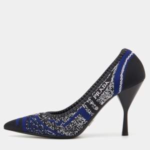 Prada Blue/Black Printed Knit Fabric Pointed Toe Pumps Size 37.5