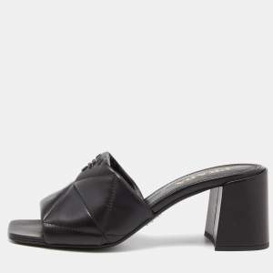 Prada Black Quilted Leather Logo Slide Sandals Size 38