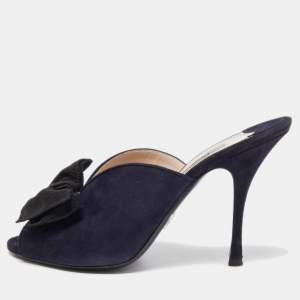 Prada Navy Blue Suede Bow Mules Size 39.5  