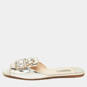 Prada Silver Leather Crystal Embellished Flat Slides Size 40.5