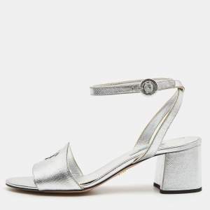 Prada Silver Foil Leather Block Heel Ankle Strap Sandals Size 40