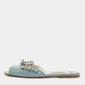 Prada Grey Patent Leather Crystal Embellished Bow Flat Slides Size 40