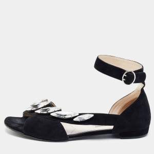 Pre Owned Prada Black Suede Crystal Embellished Flats Size 38.5