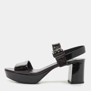 Prada Black Patent Leather Ankle Strap Block Heel Sandals Size 39