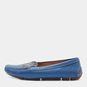 Prada Blue Leather Studded Slip On Loafers Size 36