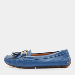 Prada Blue Leather Tassel Slip On Loafers Size 38