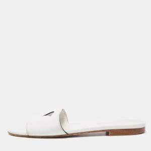 Prada White Leather Logo Cut Out Flat Slides Size 38.5