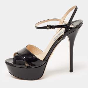 Prada Black Patent Leather Ankle Strap Platform Sandals Size 38