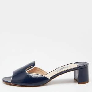 Prada Blue/White Saffiano Patent Leather Block Heel Slides Size 40