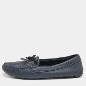 Prada Navy Blue Leather Bow Loafers Size 41
