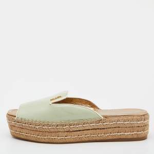 Prada Light Green Saffiano Patent  Leather Platform Espadrille Flats Size 40
