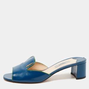 Prada Blue Saffiano Vernice Leather Slide Sandals Size 37