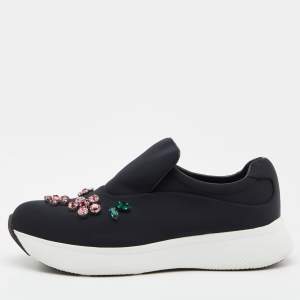Prada Black Neoprene Crystal Embellished Slip On Sneakers Size 38.5