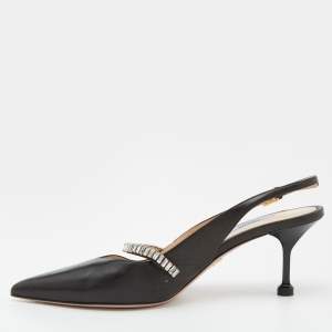 Prada Black Leather Crystal Embellished Slingback Pumps Size 39