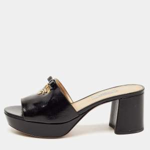 Pre Owned Prada Black Saffiano Leather Logo Bow Platform Slide Sandals Size 38