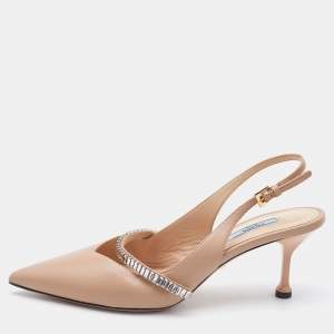Prada Beige Leather Crystal Embellished Slingback Pumps Size 39