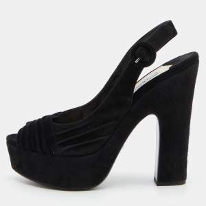 Prada Black Pleated Suede Peep Toe Platform Slingback Pumps Size 38.5