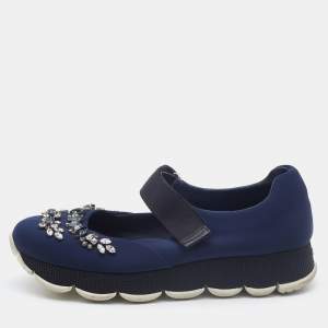 Prada Navy Blue Fabric Crystal Embellished Mary Jane Sneakers Size 38