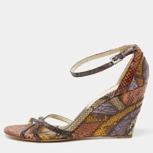 Prada Multicolor Snakeskin Ankle Strap Wedge Sandals Size 40