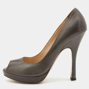 Prada Grey Leather Peep Toe Platform Pumps Size 38