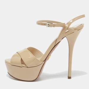 Prada Beige Patent Leather Cross Strap Platform Ankle Strap Sandals Size 37.5