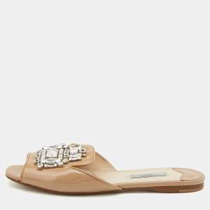 Prada Beige Patent Leather Crystal Embellished Flat Slides Size 38