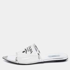 Prada Silver Foil Leather and PVC Flat Slides Size 39.5