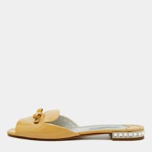 Prada Light Yellow Patent Leather Bow Crystal Embellished Flat Slides Size 37.5