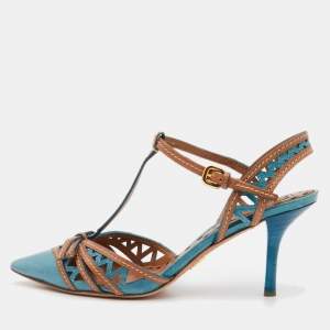 Prada Blue/Brown Laser Cut Leather Bow T-Strap Pumps Size 38