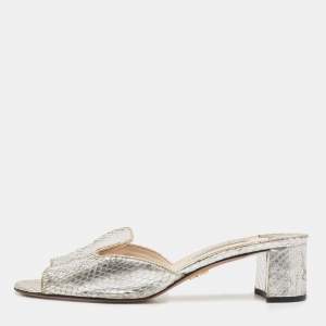 Prada Metallic Silver Python Embossed Leather Slide Sandals Size 36
