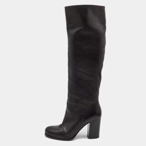 Prada Black Leather Knee Length Block Heel Boots Size 37