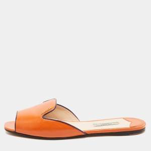 Prada Orange Patent Leather Flat Slides Size 38.5