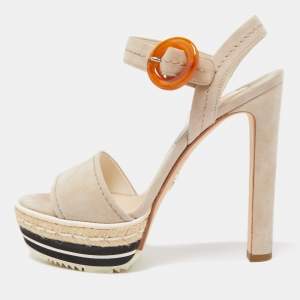 Prada Light Grey Suede Platform Ankle Strap Espadrille Sandals Size 37.5