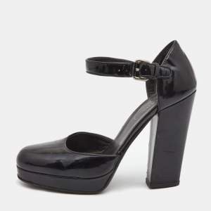 Pre Owned Prada Black Patent Leather Ankle Strap Platform Pumps Size 36