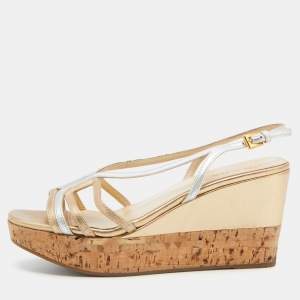 Prada Gold/Silver Leather Slingback Platform Wedge Sandals Size 36