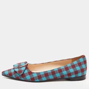 Pre Owned Prada Brown/Blue Fabric Check Buckle Detail Ballet Flats Size 40
