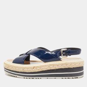 Prada Navy Blue Patent Leather Platform Slingback Sandals Size 36.5