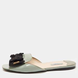 Prada Green Patent Leather and Canvas Bow Flat Slides Size 41