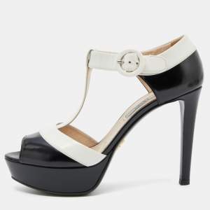 Prada Black/White Leather Open Toe T-Strap Platform Sandals Size 38