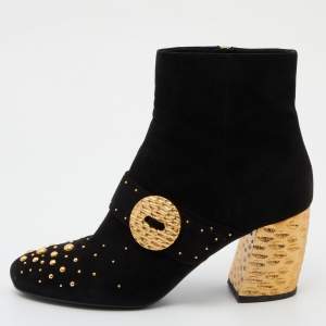 Prada Black Suede Studded Metallic Block Heel Ankle Boots Size 40