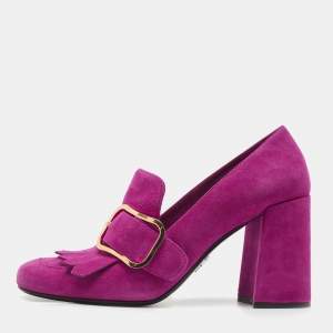 Prada Pink Suede Fringe Buckle Details Block Heel Pumps Size 38.5