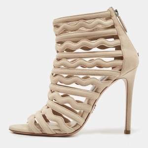 Pre Owned Prada Beige Suede Wavy Caged Open Toe Booties Size 38